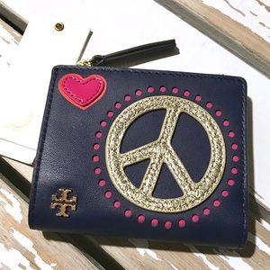 Tory Burch Navy Wallet with Gold Peace Sign